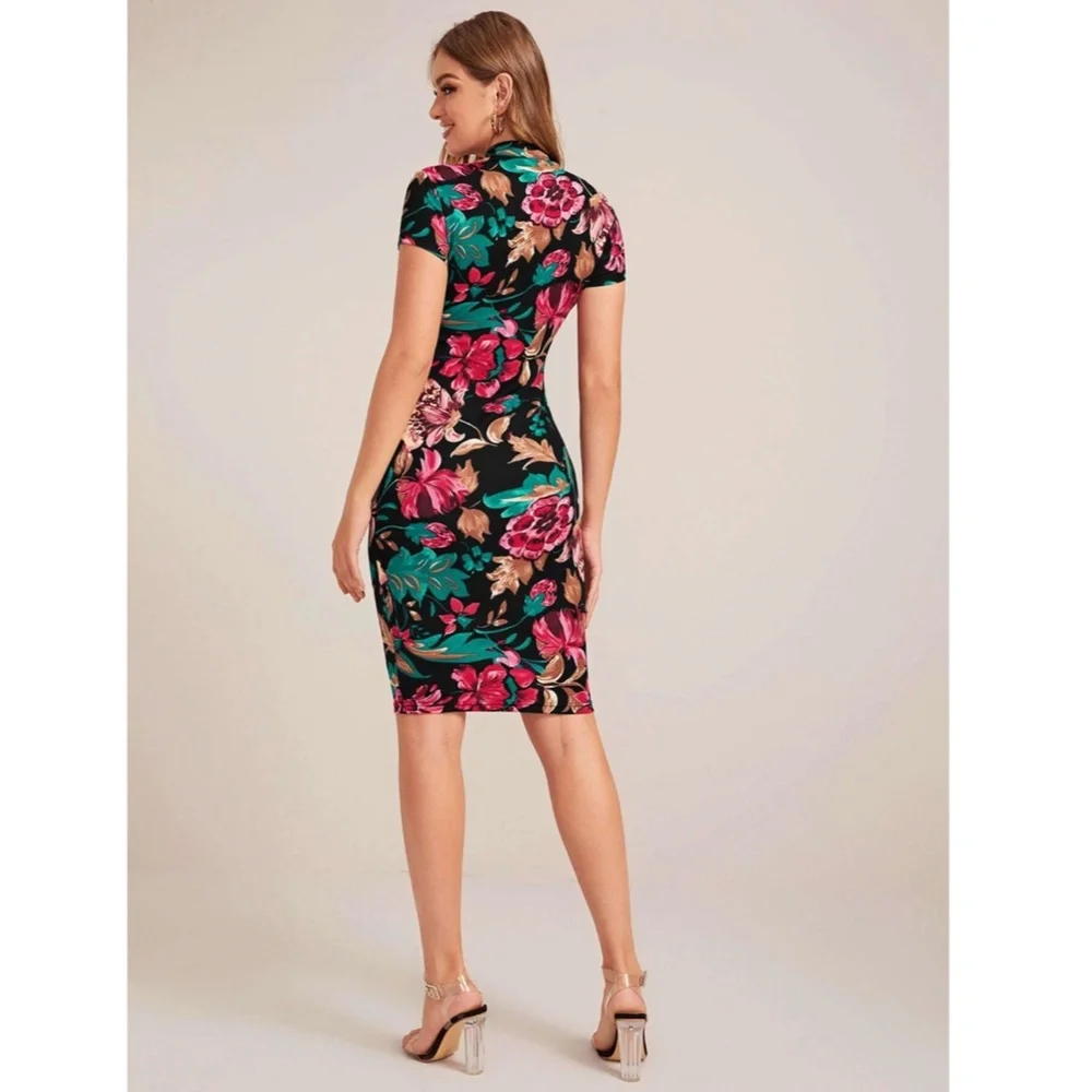 Floral Pattern Black Slim Dress Knee Length - Picture 3 of 9